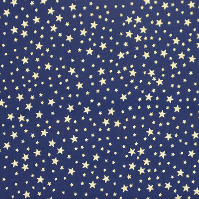 Swatch of elegant Christmas gold sparkly stars printed 100% cotton poplin fabric by Rose and Hubble in Navy Blue