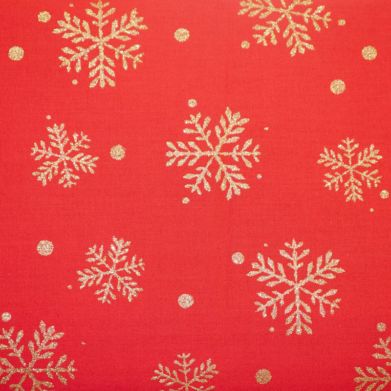 Swatch of Christmas gold glitter snowflake print 100% cotton poplin Rose & Hubble fabric in red
