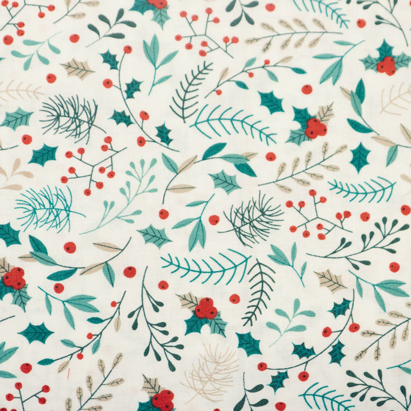 Swatch of Christmas winter foliage print with holly, berries, eucalyptus and fir leaves on ivory. Rose and Hubble 100% cotton poplin fabric.