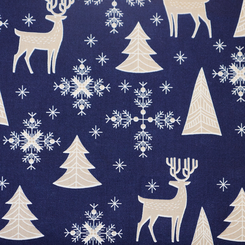 Swatch of scandi white reindeer, snowflakes, stars and Christmas trees in 100% cotton poplin fabric by Rose & Hubble in navy blue 
