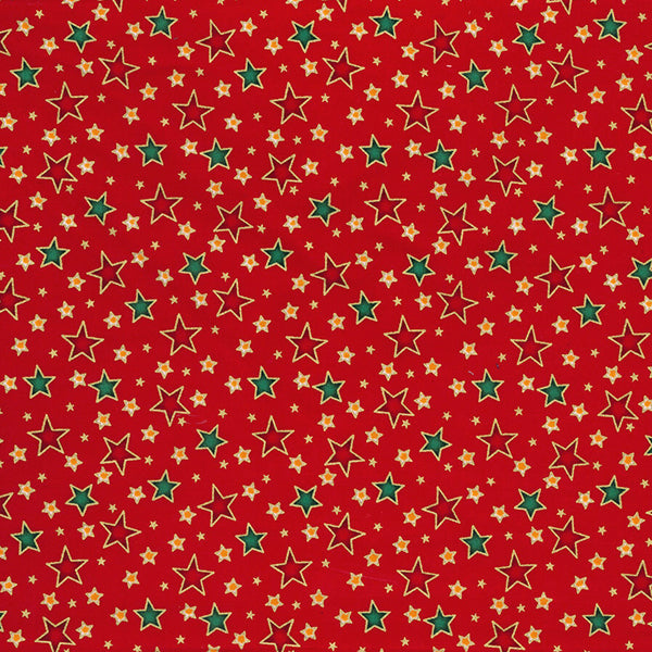 Festive small green, gold and red stars Christmas 100% cotton poplin fabric by Rose & Hubble
