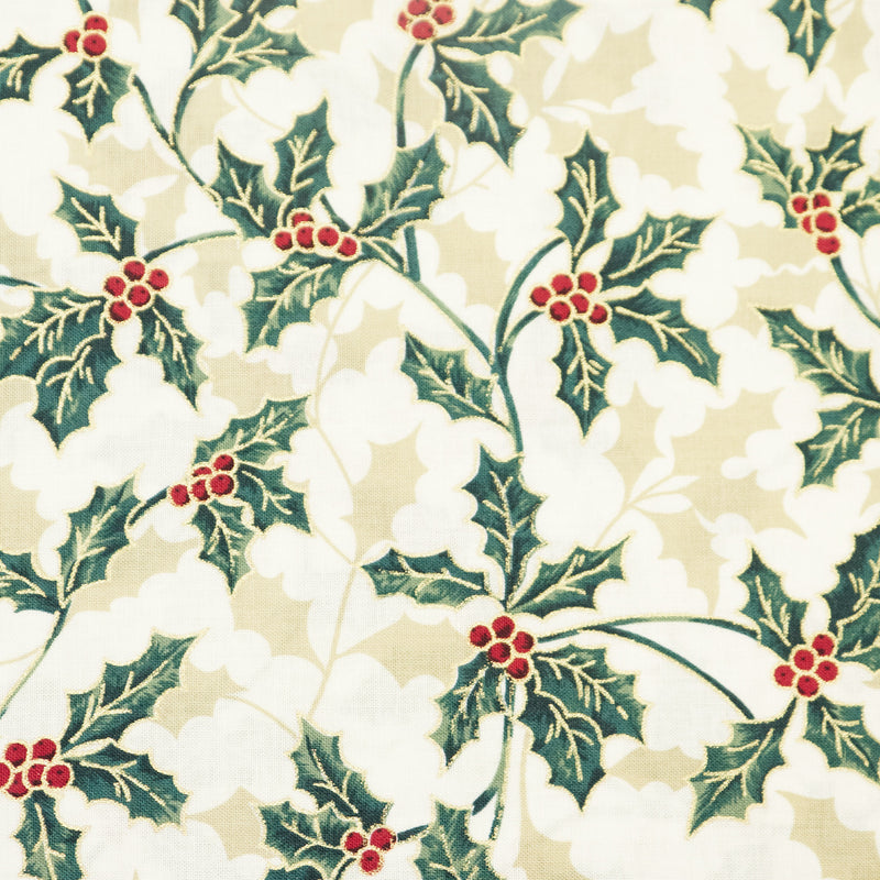 Christmas holly fabric 100% cotton poplin fabric by Rose & Hubble in Cream, Red and Green