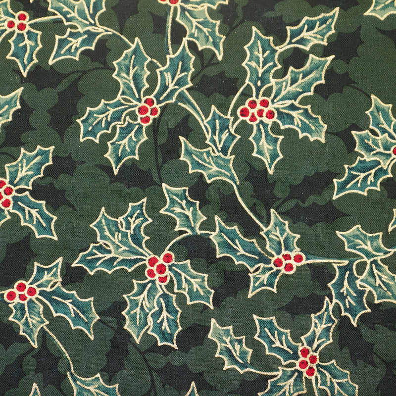 Christmas holly fabric 100% cotton poplin fabric by Rose & Hubble in Cream, Red and Green