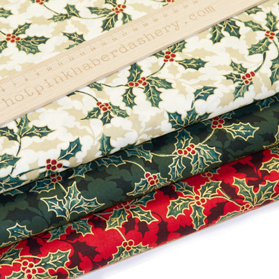 Christmas holly fabric 100% cotton poplin fabric by Rose & Hubble in Cream, Red and Green