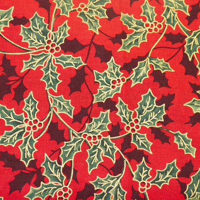Christmas holly fabric 100% cotton poplin fabric by Rose & Hubble in Cream, Red and Green