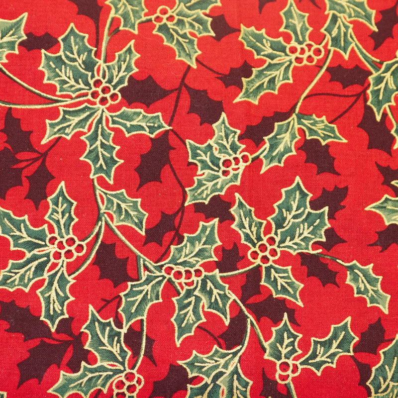 Christmas holly fabric 100% cotton poplin fabric by Rose & Hubble in Cream, Red and Green