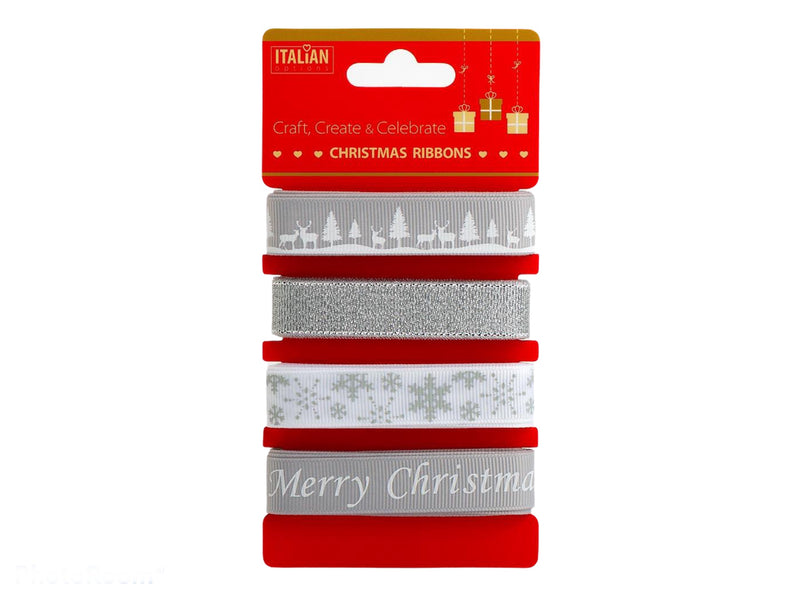 Christmas 16mm ribbons multipack with grey, white and silver, winter wonderland