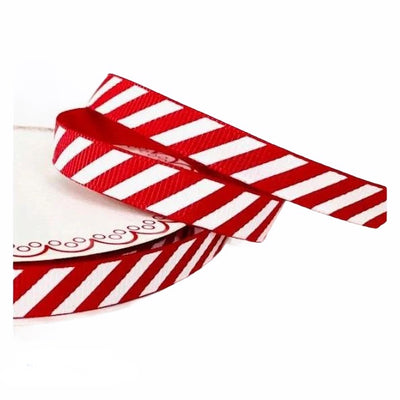 Red candy stripe 9mm x 25m roll of Bertie's Bows Grosgrain Christmas ribbon