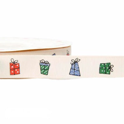 Cute 16mm Christmas presents ribbon in white
