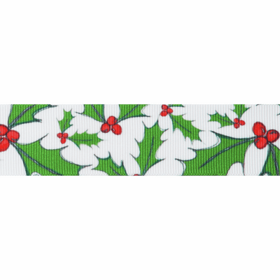 Satin 25mm Ribbon by Berisfords with Christmas Holly Berry green, white and red