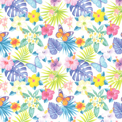 Swatch of tropical butterfly floral 100% cotton fabric by Rose & Hubble