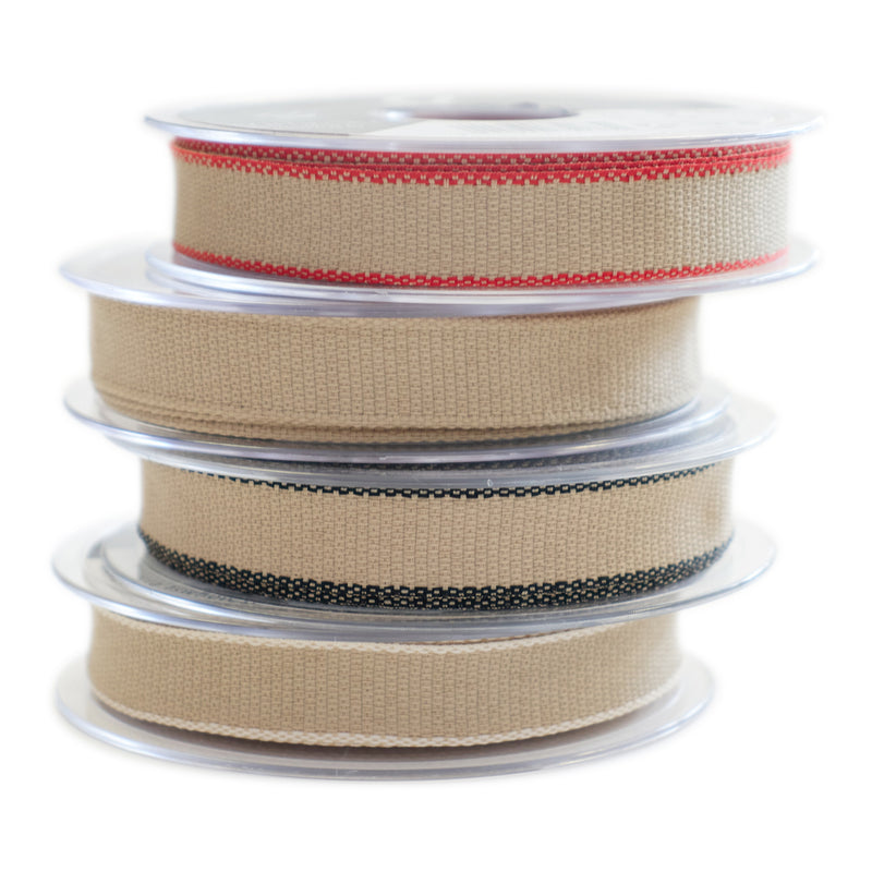 Berisfords 15mm hopsack ribbon in light brown, collection photo with black, cream, red and natural.