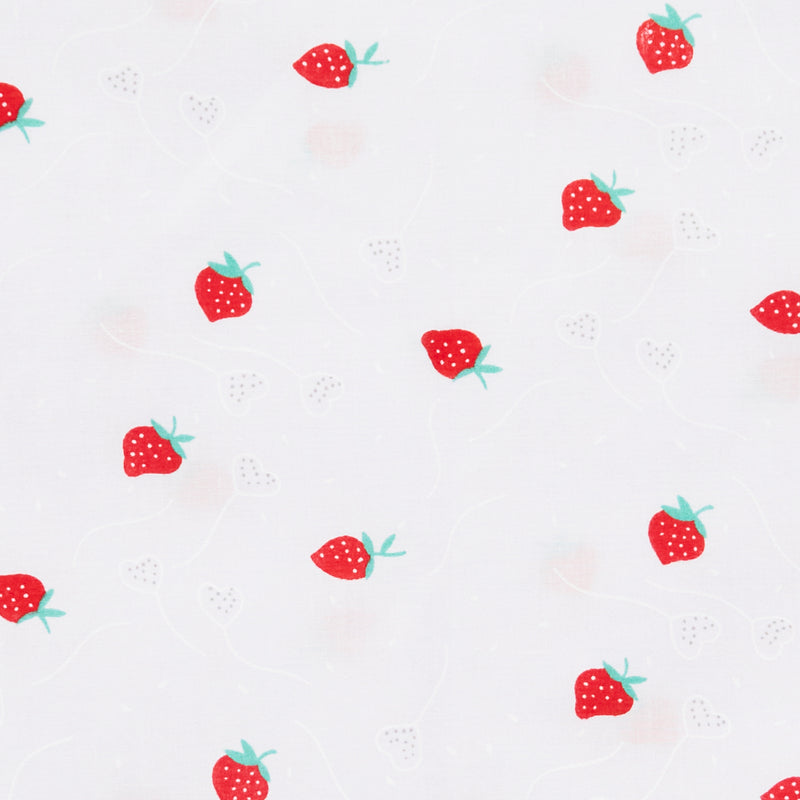 Swatch of large fun and cute red strawberries fruit print white polycotton fabric