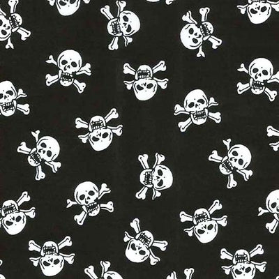 Swatch of pirate skull spooky Halloween printed polycotton fabric in white and black