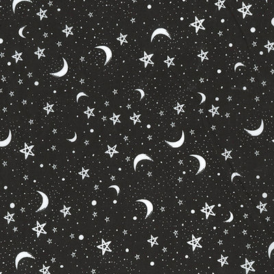 Swatch of Halloween or Christmas night sky with moon and stars print polycotton fabric in black