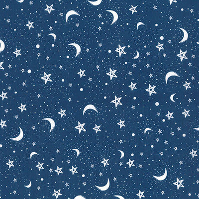 Swatch of Halloween or Christmas night sky with moon and stars print polycotton fabric in navy blue