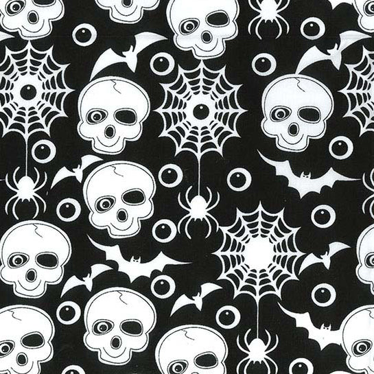 Hallowen fabric with skulls, bats and spiders on black swatch