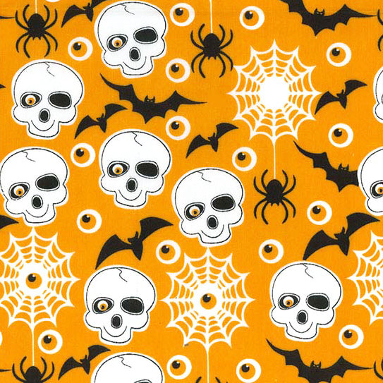 Halloween fabric with skulls, bats and spiders on orange swatch