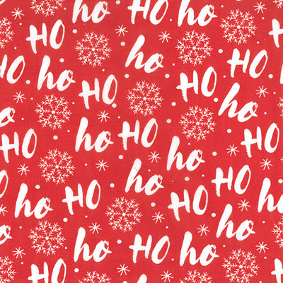Swatch of Christmas, festive Ho! Ho! Ho! print with white snowflakes on red polycotton fabric