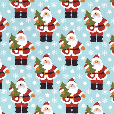 Santa fabric with Christmas tree, snowflakes and stars on pale blue