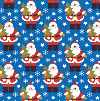 Santa fabric with Christmas tree, snowflakes and stars on royal blue