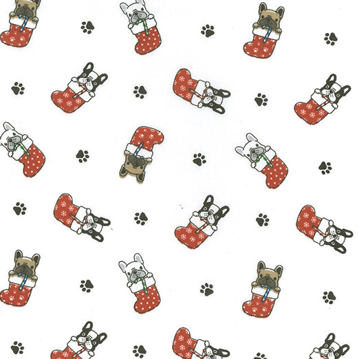 Swatch of cute French Bulldogs in Christmas stockings with pawprints on polycotton fabric in white