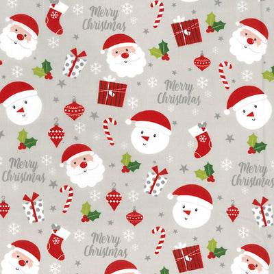Swatch of Christmas Santa & snowman faces on grey polycotton fabric