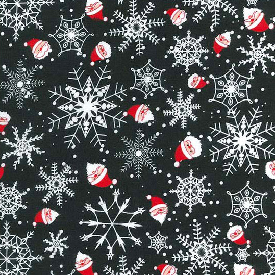 Swatch of Christmas snowflakes & Santa faces black polycotton fabric