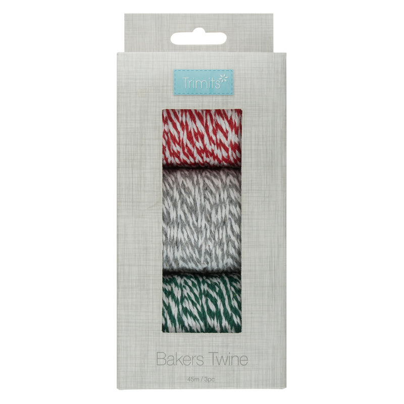 Pack of three bakers twine rolls, red, grey and green