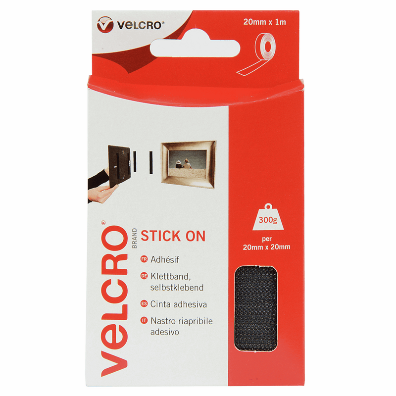 20mm x 1m Velcro stick on self adhesive tape for mounting items in black
