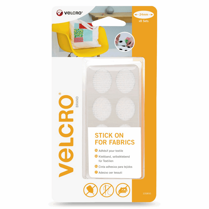 White VELCRO brand hook and loop oval 24mm x 8 sets stick on for fabrics