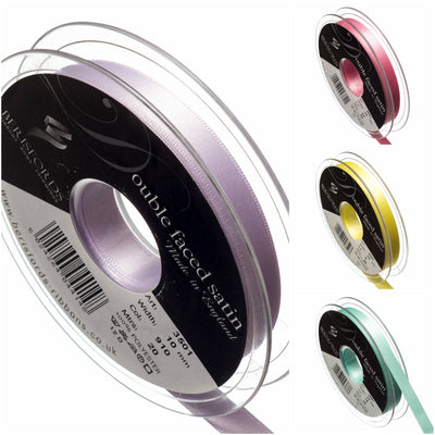 Double faced satin ribbon, 3mm-10mm wide. Huge variety of luxurious colours, pastels, neutrals and brights. Available by the full roll, perfect for wedding decorations, flowers and cards.