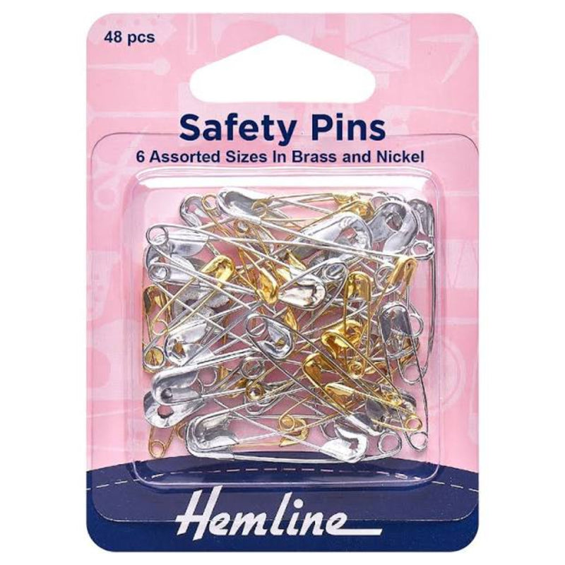 Hemline assorted brass effect and nickel safety pins - 48 per pack with 6 sizes