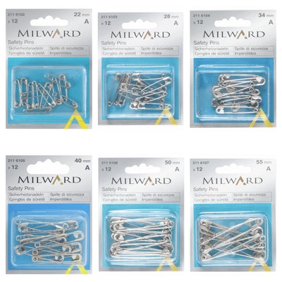 Milward mild steel safety pins in a pack of 12 in a handy reusable box, available in a variety of different sizes.