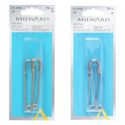 Milward 75mm steel kilt pins, 2 per pack in gold and silver.