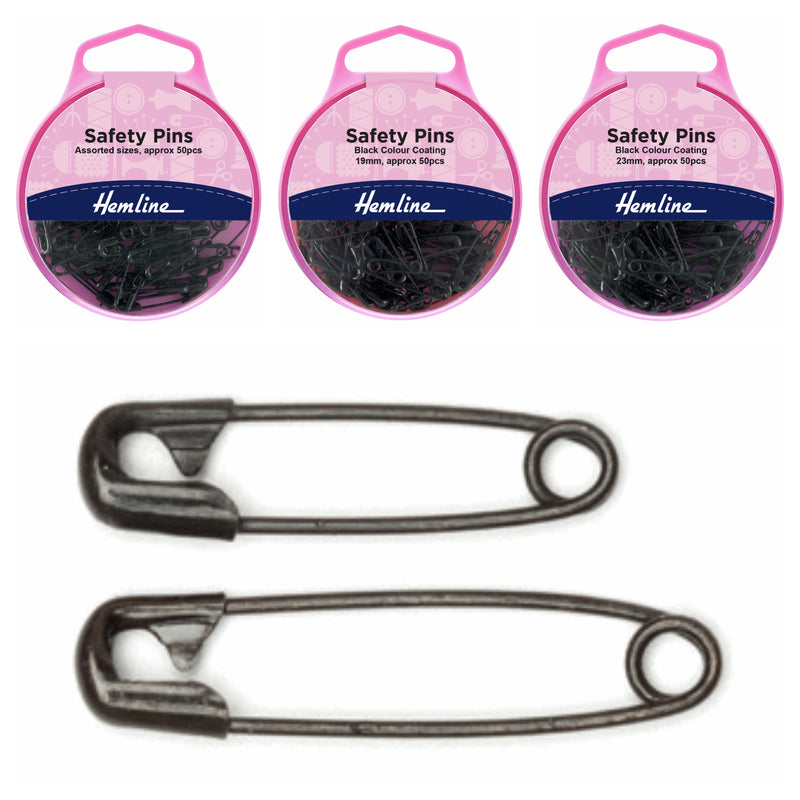 Cute Hemline safety pins with black coating with handy reusable storage box.
