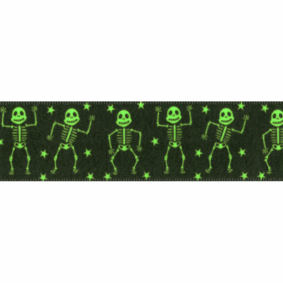 Berisfords happy halloween satin ribbon 25mm green skeletons