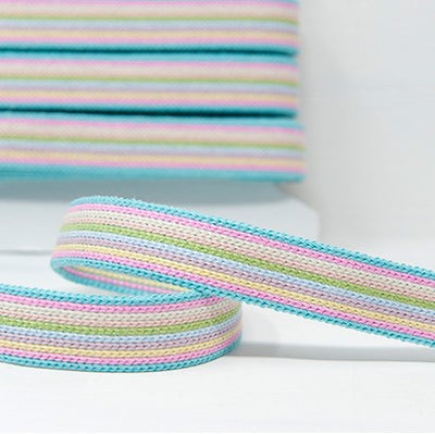 Blue pastel rainbow stripe webbing on roll 25mm