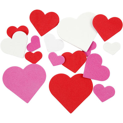 Stick-on foam assorted sizes of hearts from 20-50mm  Assorted coloured hearts - reds, whites, purples and pinks.