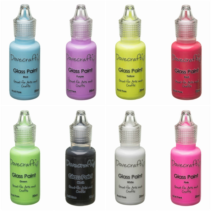 Dovecraft Glass Paints in 8 colours. Use to upcycle old glass objects or decorate glass surfaces.