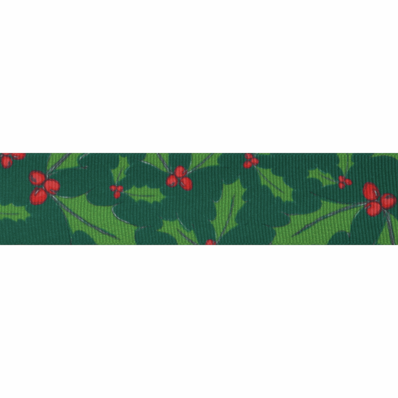 Satin 25mm Ribbon by Berisfords with Christmas Holly Berry green and red