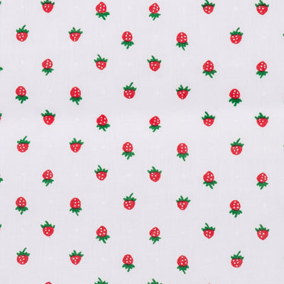 Swatch of small, fun and cute red strawberries fruit print white polycotton fabric