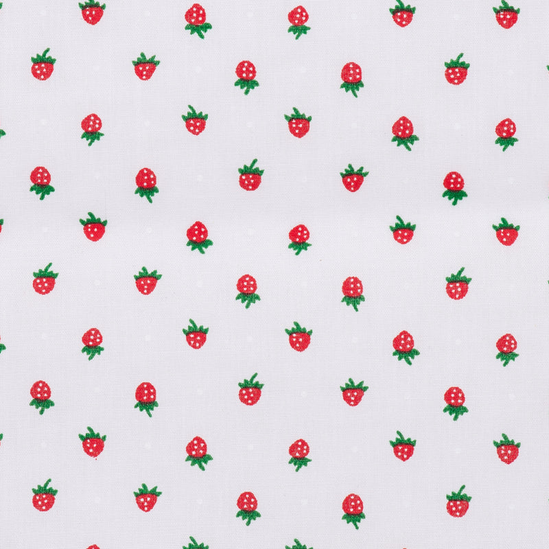 Swatch of small, fun and cute red strawberries fruit print white polycotton fabric