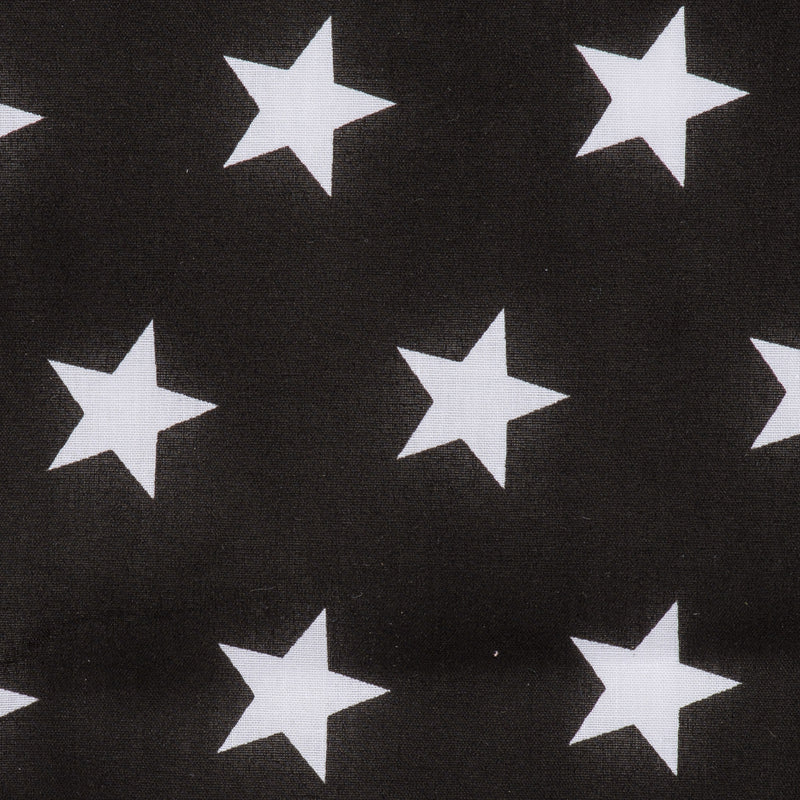Swatch of fun and bold white stars on polycotton fabric in black
