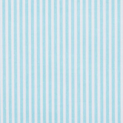 Swatch of classic 3mm traditional candy stripe polycotton fabric in white and baby blue
