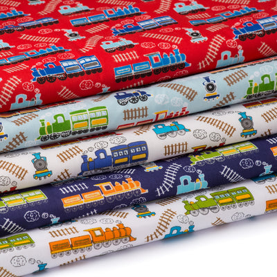 Children's steam trains and tracks printed polycotton fabric in red, blue and white