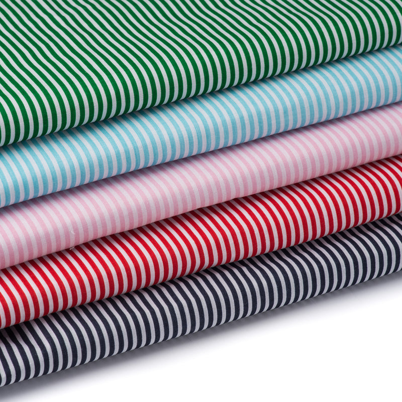 Classic 3mm traditional candy stripe polycotton fabric in green, blue, pink, red and black.