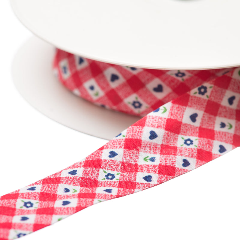 Red Gingham Bias Binding with hearts and flowers printed design for edging