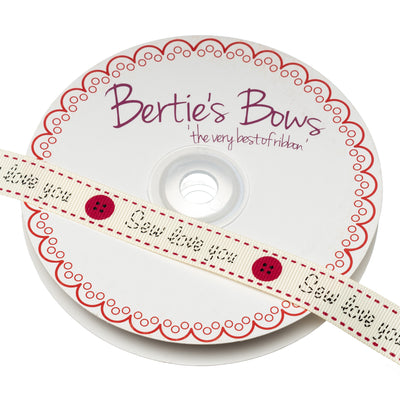 Bertie's Bows Grosgrain Ribbon with "Sew Love You" and red buttons in Ivory