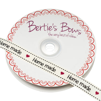 Bertie's bows grosgrain ribbon with "homemade" and heart print on ivory.